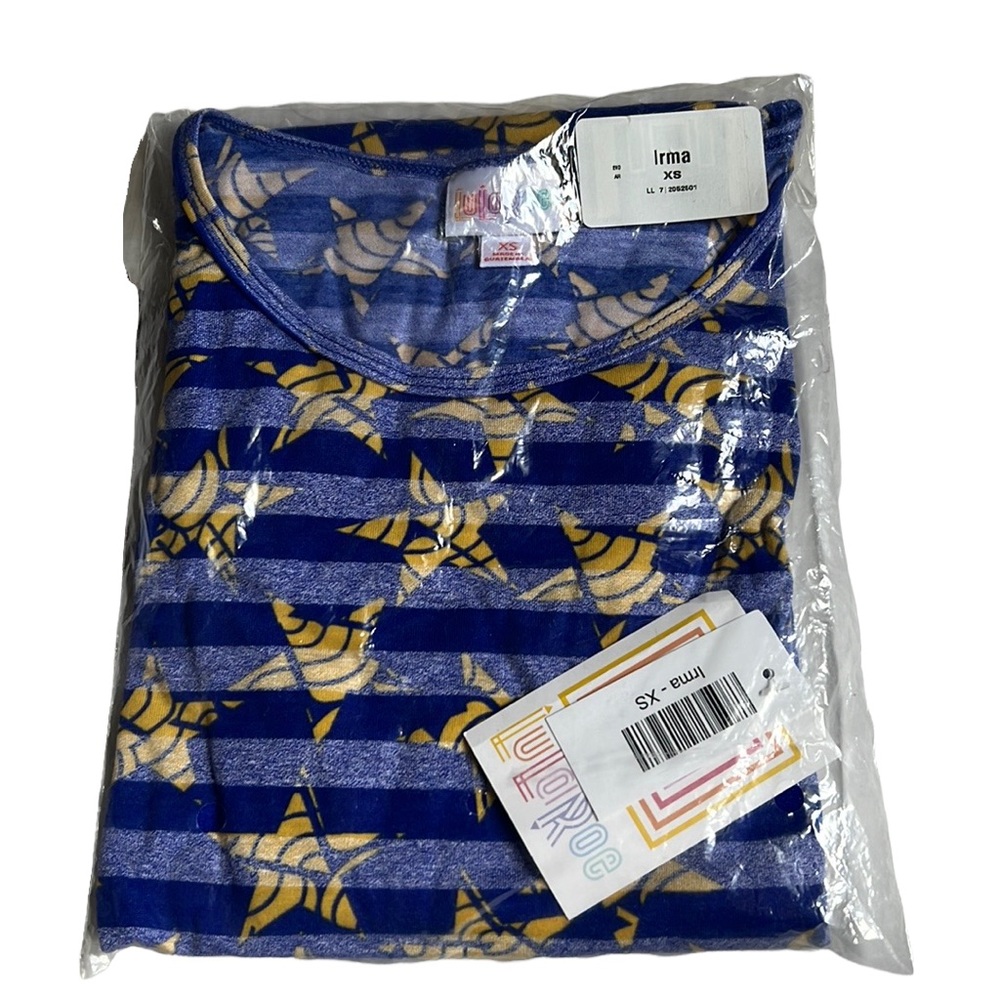 LuLaRoe Blue Striped Irma Top Yellow Starfish New in Package Size XS
